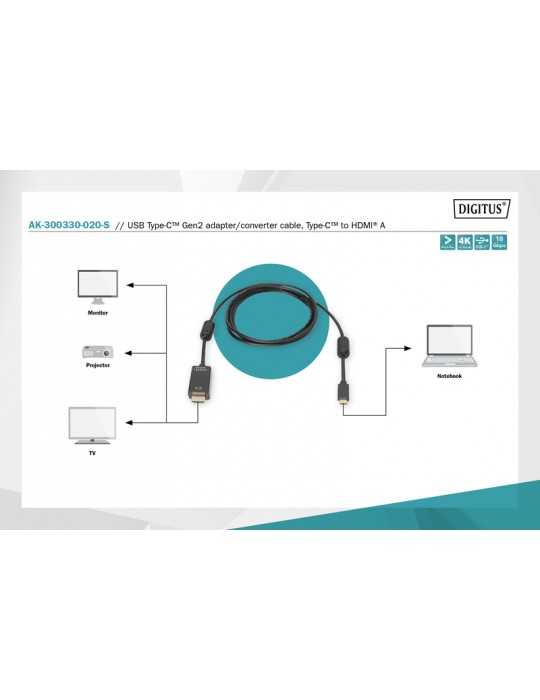 Cable Original USB-C HDMI 2 metros Digitus AK-300330-020-S